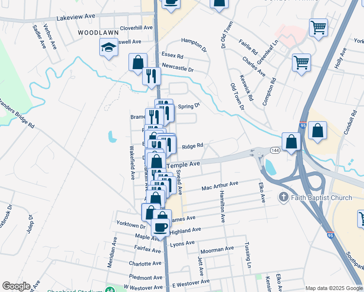 map of restaurants, bars, coffee shops, grocery stores, and more near 202 Ridge Road in Colonial Heights