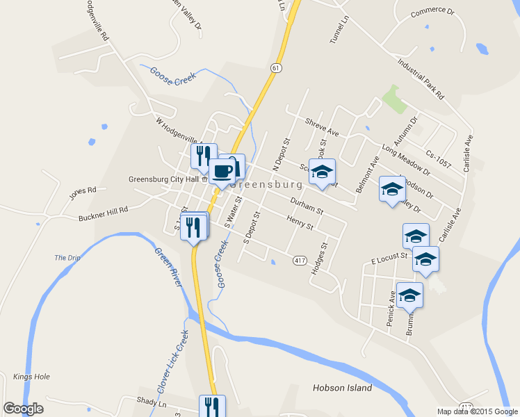 map of restaurants, bars, coffee shops, grocery stores, and more near 106 S Depot St in Greensburg