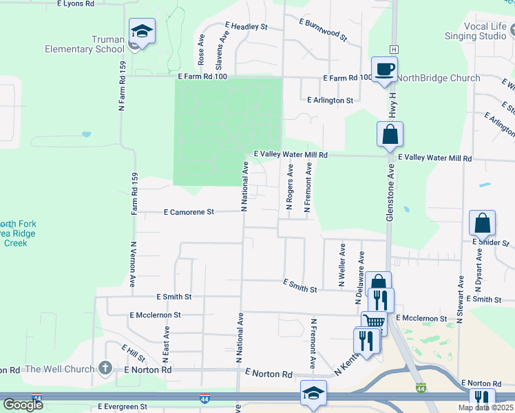 map of restaurants, bars, coffee shops, grocery stores, and more near 1227 East Camorene Street in Springfield