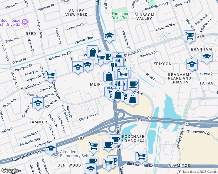 map of restaurants, bars, coffee shops, grocery stores, and more near 1125 Luchessi Drive in San Jose