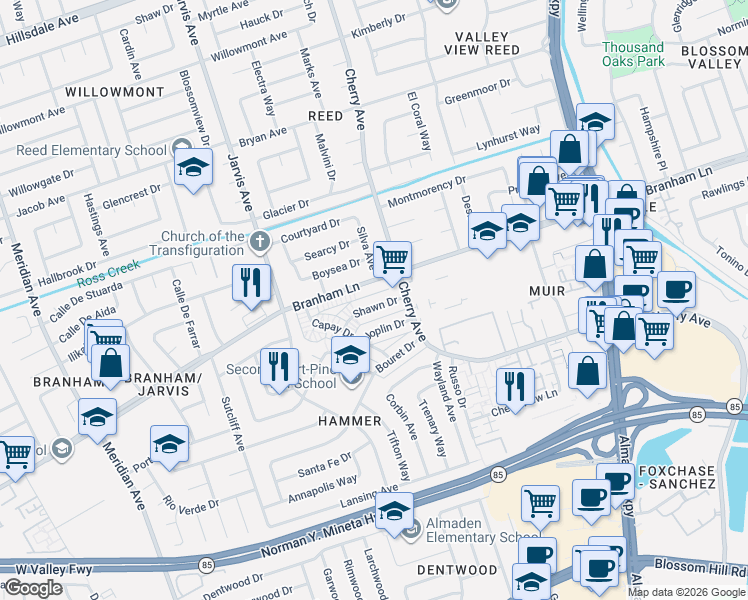 map of restaurants, bars, coffee shops, grocery stores, and more near 1358 Branham Lane in San Jose