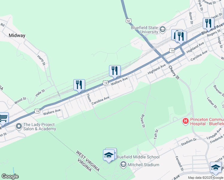 map of restaurants, bars, coffee shops, grocery stores, and more near 120 Alder Street in Bluefield