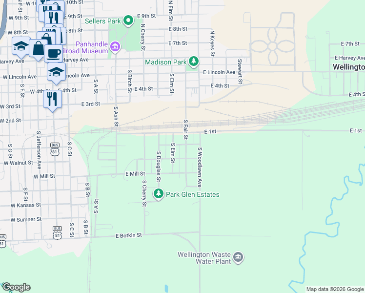 map of restaurants, bars, coffee shops, grocery stores, and more near 1001-1047 East Maple Street in Wellington