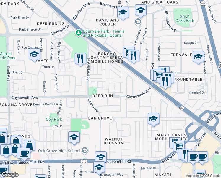 map of restaurants, bars, coffee shops, grocery stores, and more near 5258 Mill Creek Lane in San Jose