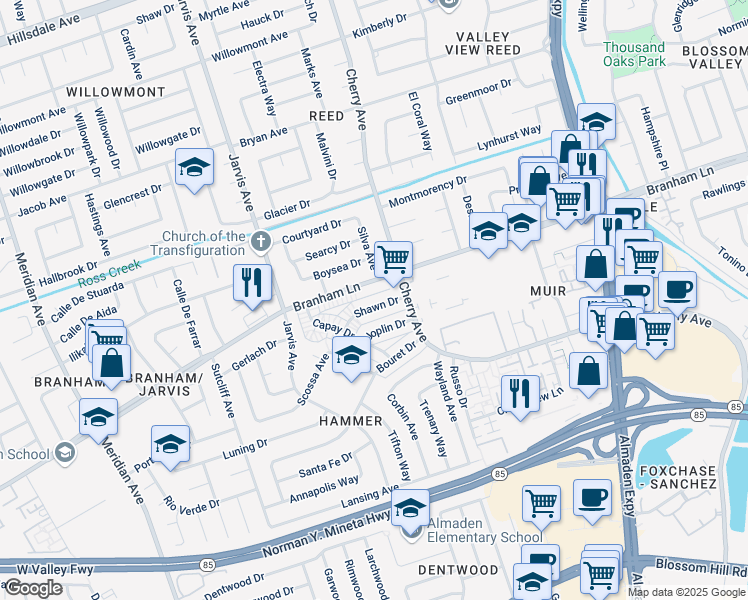 map of restaurants, bars, coffee shops, grocery stores, and more near 1335 Shawn Drive in San Jose