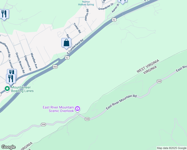 map of restaurants, bars, coffee shops, grocery stores, and more near 2980 Big Laurel Highway in Bluefield