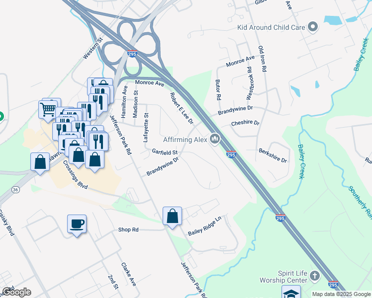 map of restaurants, bars, coffee shops, grocery stores, and more near 4800 Garfield Street in Hopewell