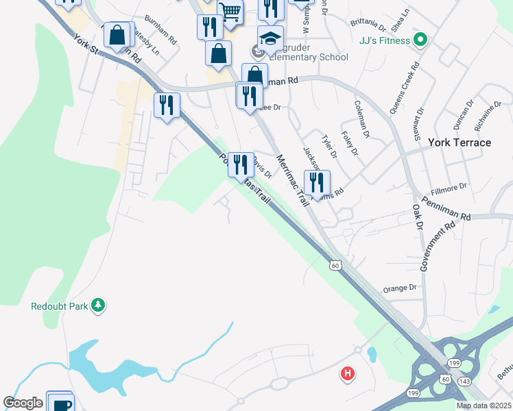 map of restaurants, bars, coffee shops, grocery stores, and more near 7129 Pocahontas Trail in Williamsburg