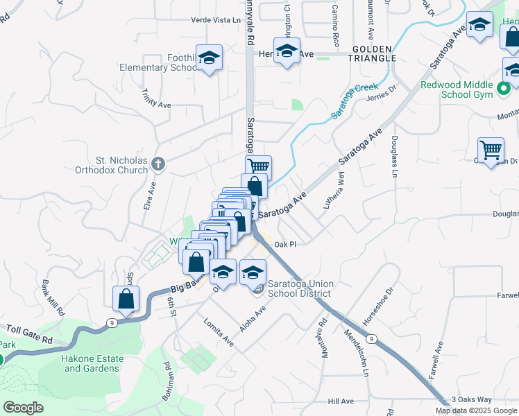 map of restaurants, bars, coffee shops, grocery stores, and more near 14353 Saratoga Avenue in Saratoga
