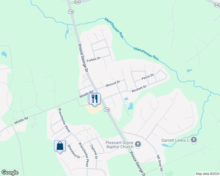 map of restaurants, bars, coffee shops, grocery stores, and more near 6821 Moncol Drive in Prince George