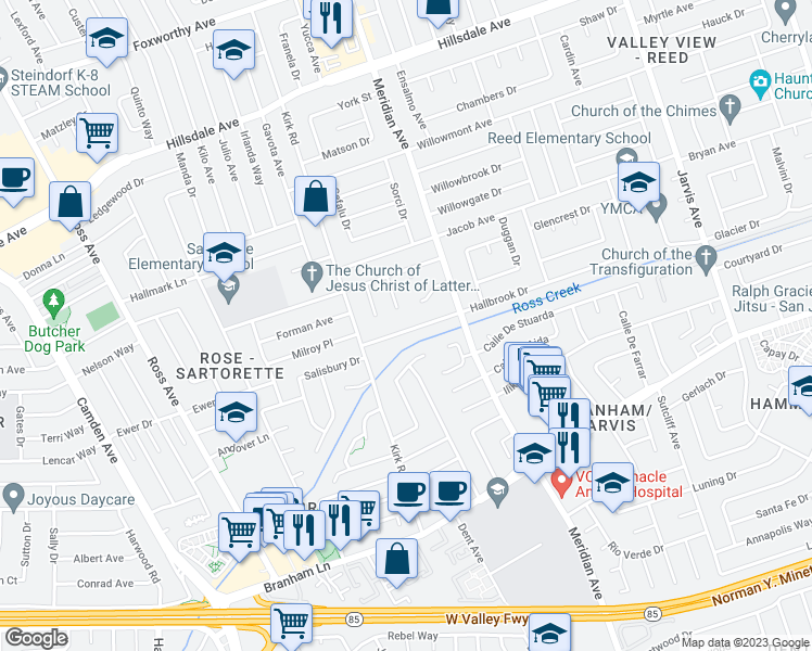 map of restaurants, bars, coffee shops, grocery stores, and more near 1619 Hallbrook Drive in San Jose