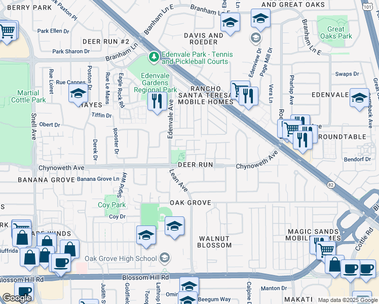 map of restaurants, bars, coffee shops, grocery stores, and more near 61 Cherry Crest Lane in San Jose
