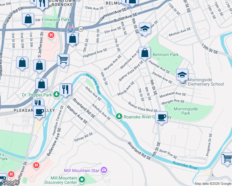 map of restaurants, bars, coffee shops, grocery stores, and more near 622 Morrill Avenue Southeast in Roanoke