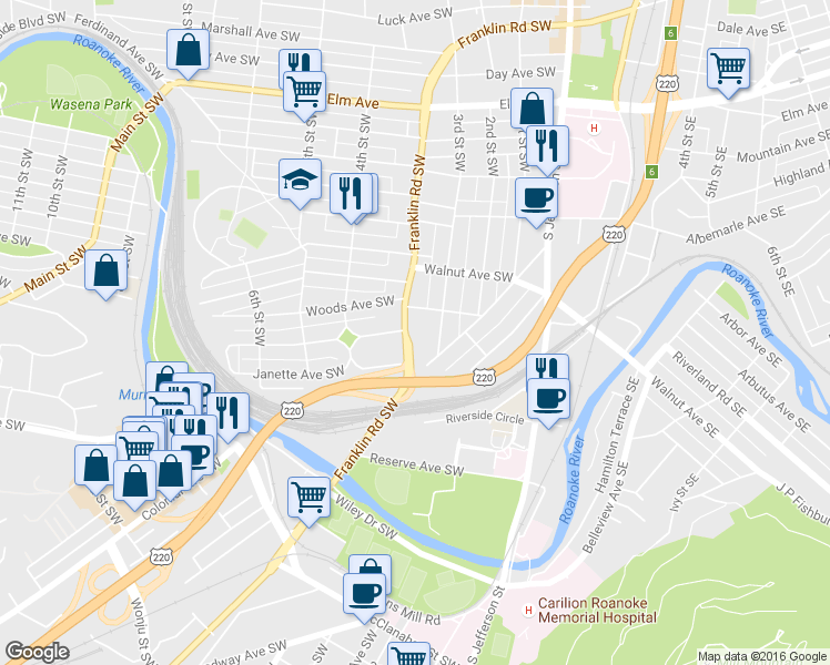 map of restaurants, bars, coffee shops, grocery stores, and more near 1510 Franklin Road in Roanoke