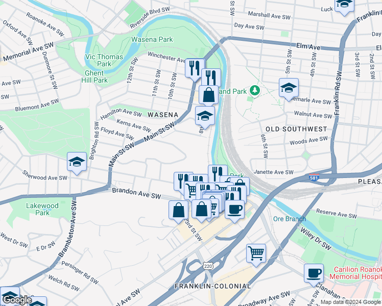 map of restaurants, bars, coffee shops, grocery stores, and more near 722 Welton Avenue Southwest in Roanoke