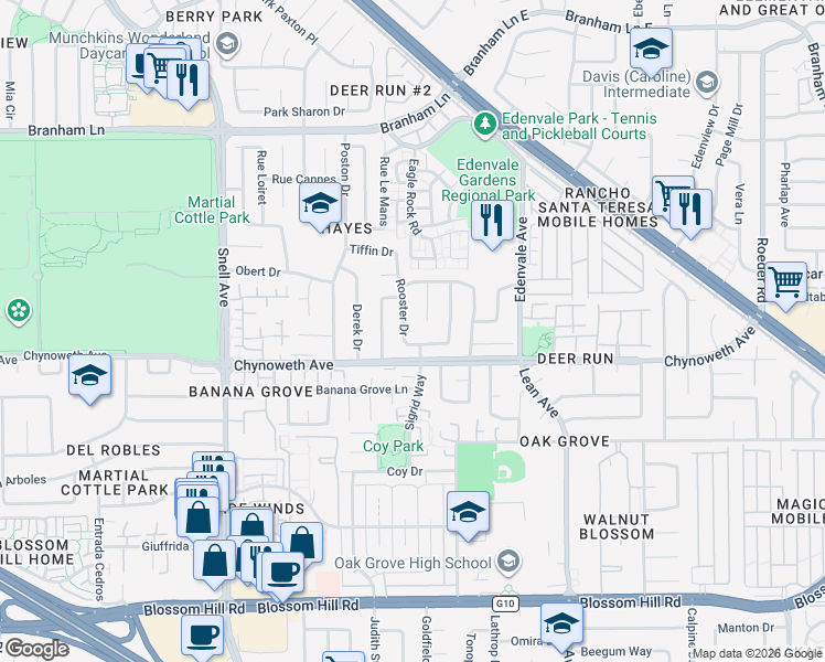 map of restaurants, bars, coffee shops, grocery stores, and more near 5276 Rooster Drive in San Jose