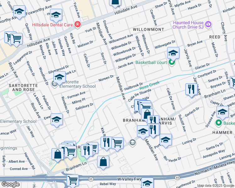 map of restaurants, bars, coffee shops, grocery stores, and more near 1607 Hallbrook Drive in San Jose