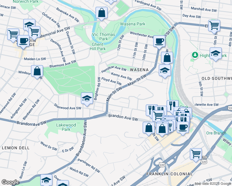 map of restaurants, bars, coffee shops, grocery stores, and more near 1708 Main Street Southwest in Roanoke