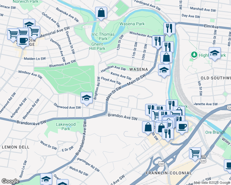 map of restaurants, bars, coffee shops, grocery stores, and more near 1708 Main Street Southwest in Roanoke