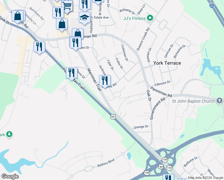 map of restaurants, bars, coffee shops, grocery stores, and more near 7218 Merrimac Trail in Williamsburg