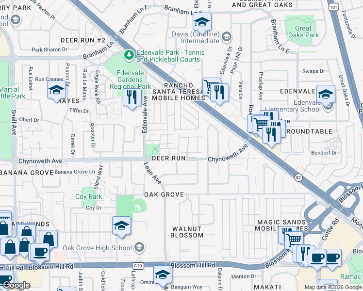 map of restaurants, bars, coffee shops, grocery stores, and more near 5252 Mill Creek Lane in San Jose