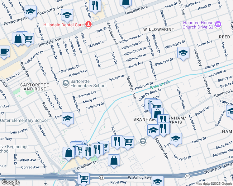 map of restaurants, bars, coffee shops, grocery stores, and more near 1619 Hallbrook Drive in San Jose