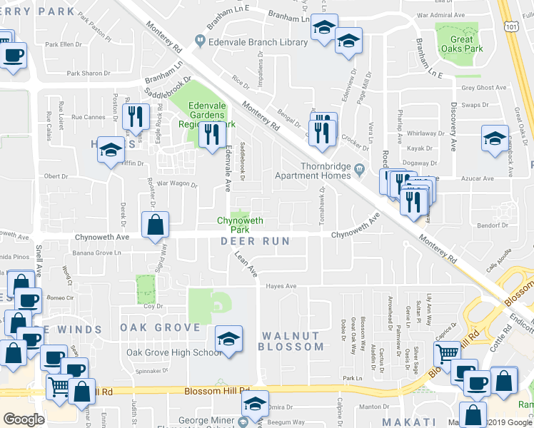 map of restaurants, bars, coffee shops, grocery stores, and more near 40 Cherry Crest Lane in San Jose