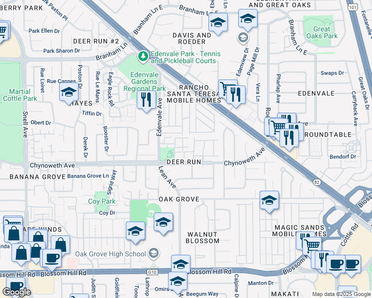 map of restaurants, bars, coffee shops, grocery stores, and more near 40 Cherry Crest Lane in San Jose