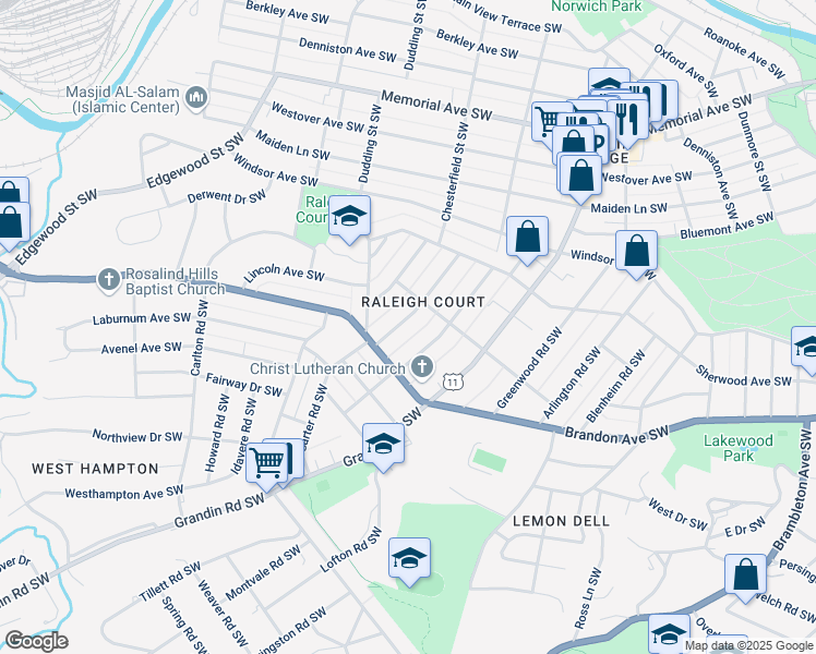 map of restaurants, bars, coffee shops, grocery stores, and more near 1924 Avon Road Southwest in Roanoke