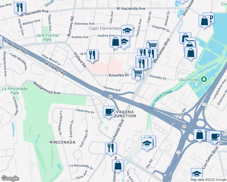 map of restaurants, bars, coffee shops, grocery stores, and more near 636 Vasona Avenue in Los Gatos