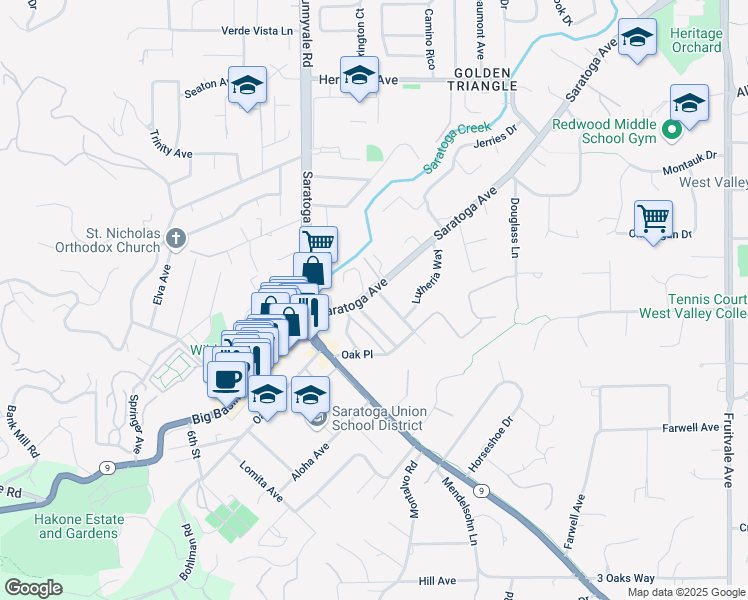 map of restaurants, bars, coffee shops, grocery stores, and more near 14320 Saratoga Avenue in Saratoga