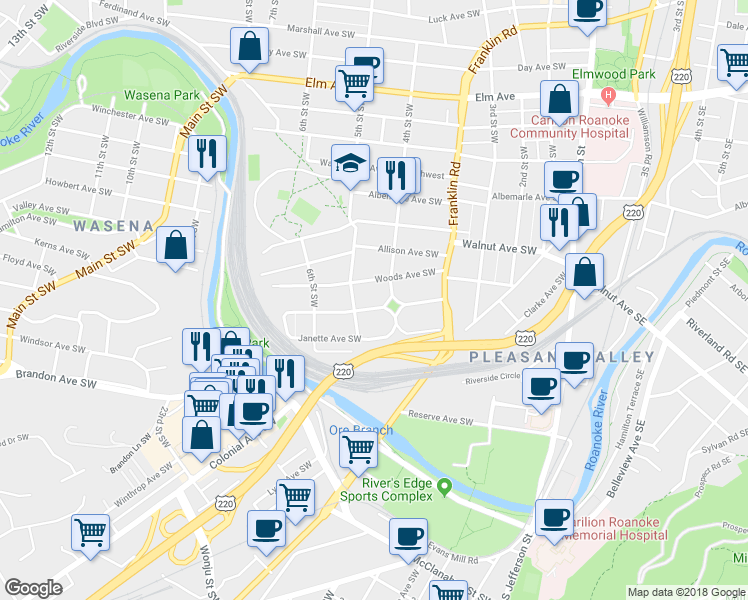 map of restaurants, bars, coffee shops, grocery stores, and more near 421 King George Avenue Southwest in Roanoke