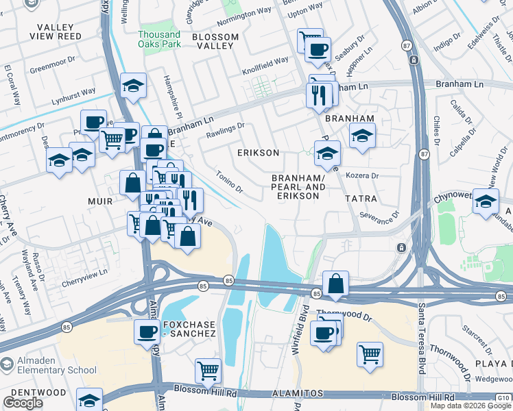 map of restaurants, bars, coffee shops, grocery stores, and more near 4901 Tonino Drive in San Jose