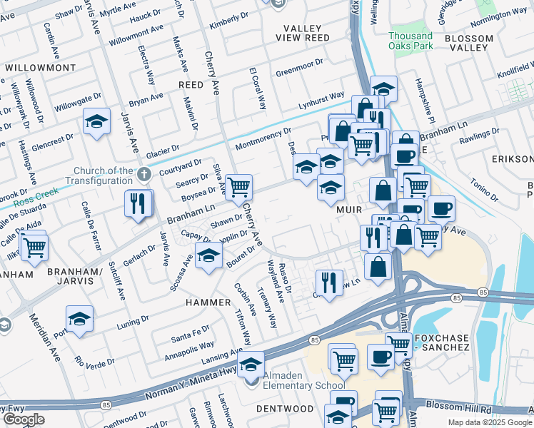 map of restaurants, bars, coffee shops, grocery stores, and more near 1302 Branham Lane in San Jose