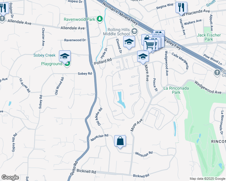 map of restaurants, bars, coffee shops, grocery stores, and more near Casitas Bulevar & Vista Del Lago in Los Gatos