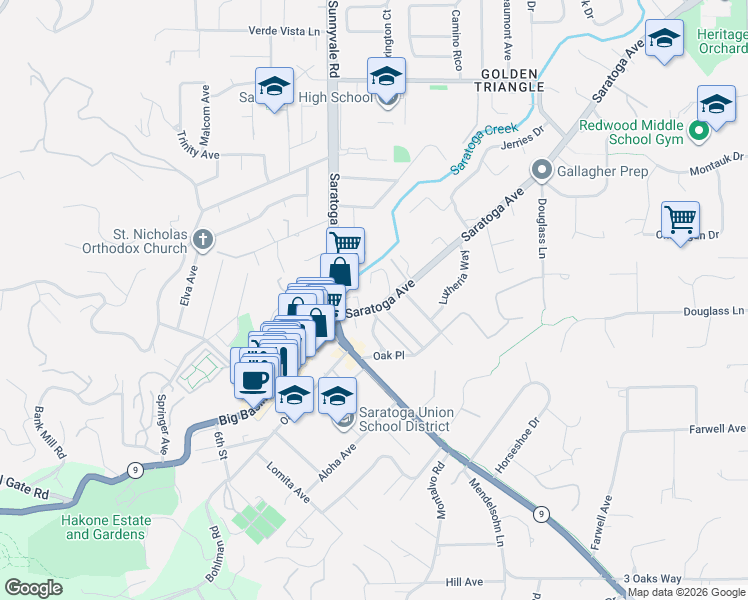 map of restaurants, bars, coffee shops, grocery stores, and more near 14347 Saratoga Avenue in Saratoga