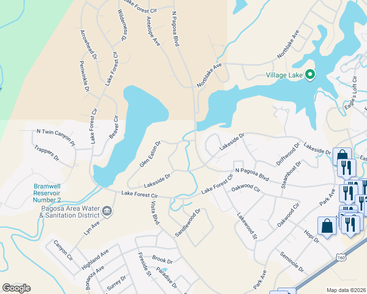 map of restaurants, bars, coffee shops, grocery stores, and more near 56 Glen Eaton Drive in Pagosa Springs