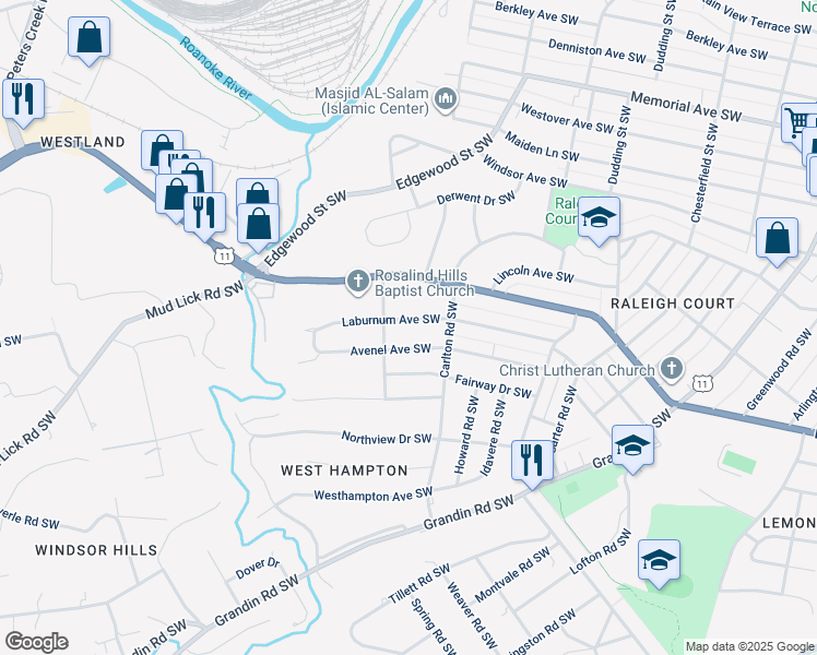 map of restaurants, bars, coffee shops, grocery stores, and more near 2638 Laburnum Avenue Southwest in Roanoke