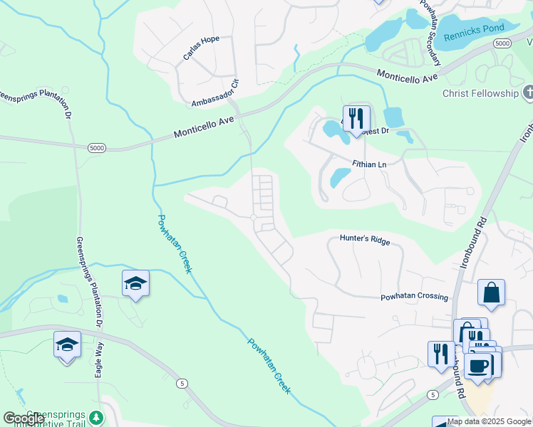 map of restaurants, bars, coffee shops, grocery stores, and more near 4107 Poggio Field in Williamsburg