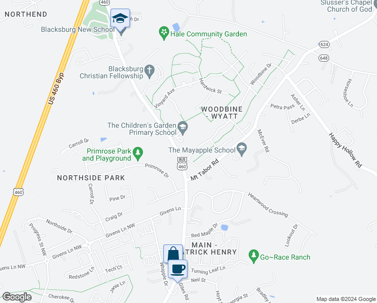 map of restaurants, bars, coffee shops, grocery stores, and more near 105 Woodbine Drive in Blacksburg