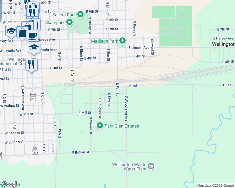map of restaurants, bars, coffee shops, grocery stores, and more near 1001 East Maple Street in Wellington