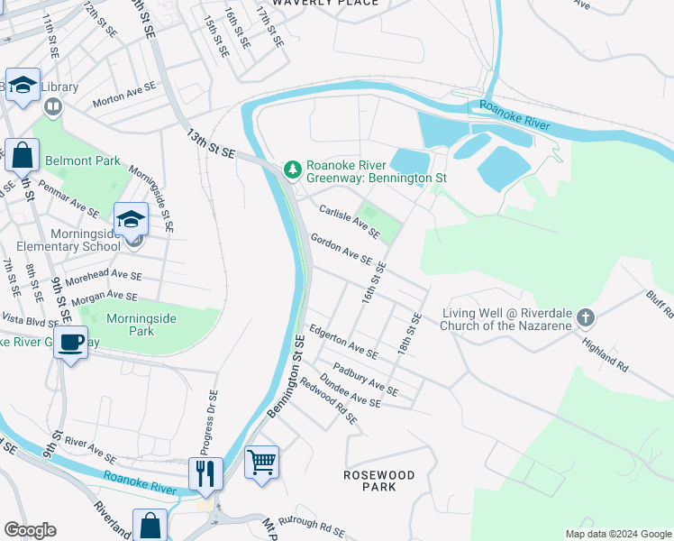 map of restaurants, bars, coffee shops, grocery stores, and more near 1528 Riverdale Road Southeast in Roanoke
