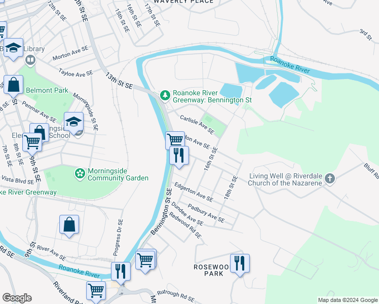map of restaurants, bars, coffee shops, grocery stores, and more near 1528 Riverdale Road Southeast in Roanoke