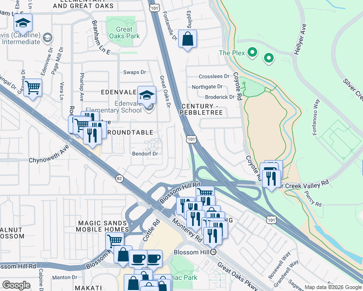map of restaurants, bars, coffee shops, grocery stores, and more near 54 Calle Pintada in San Jose