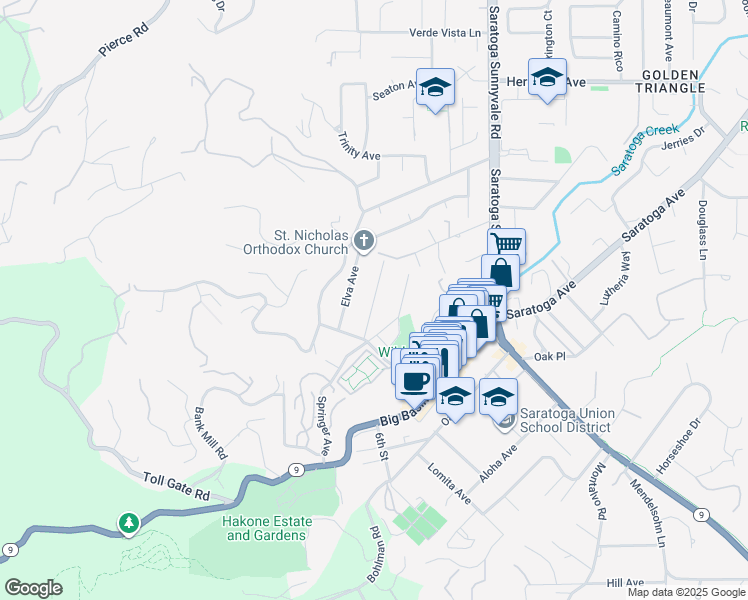map of restaurants, bars, coffee shops, grocery stores, and more near 14300 Paul Avenue in Saratoga