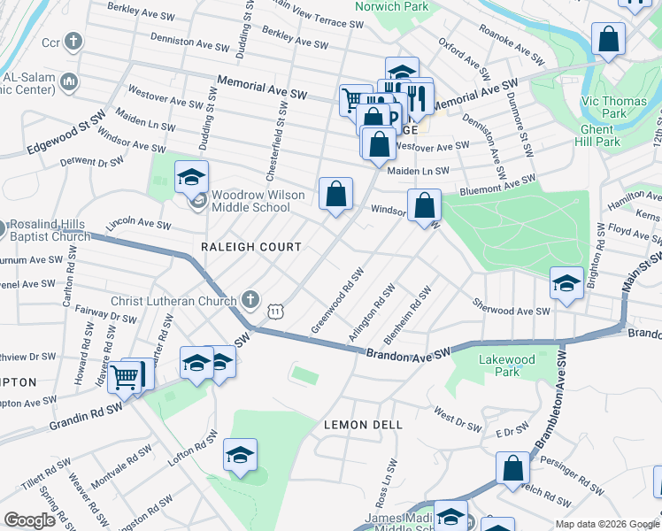 map of restaurants, bars, coffee shops, grocery stores, and more near 1830 Grandin Road Southwest in Roanoke