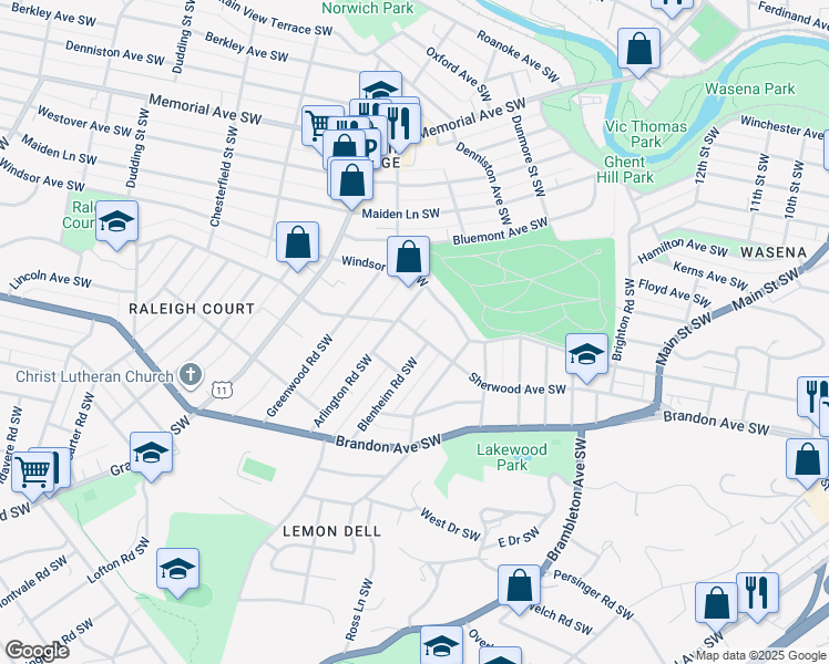 map of restaurants, bars, coffee shops, grocery stores, and more near 1700 Sherwood Avenue Southwest in Roanoke