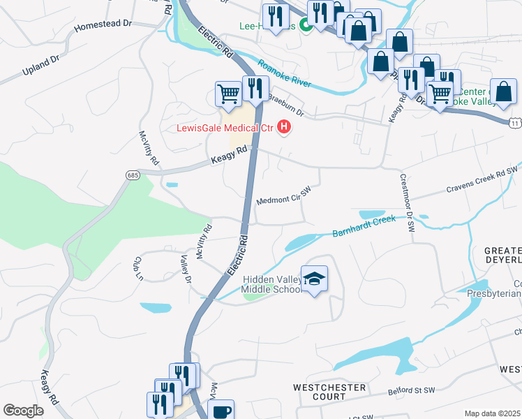 map of restaurants, bars, coffee shops, grocery stores, and more near 5332 Medmont Circle Southwest in Roanoke