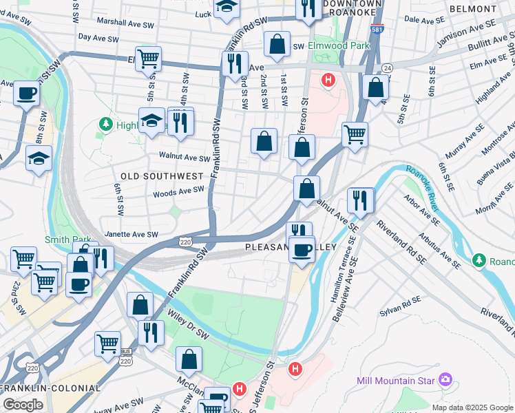 map of restaurants, bars, coffee shops, grocery stores, and more near 1352 Maple Avenue Southwest in Roanoke