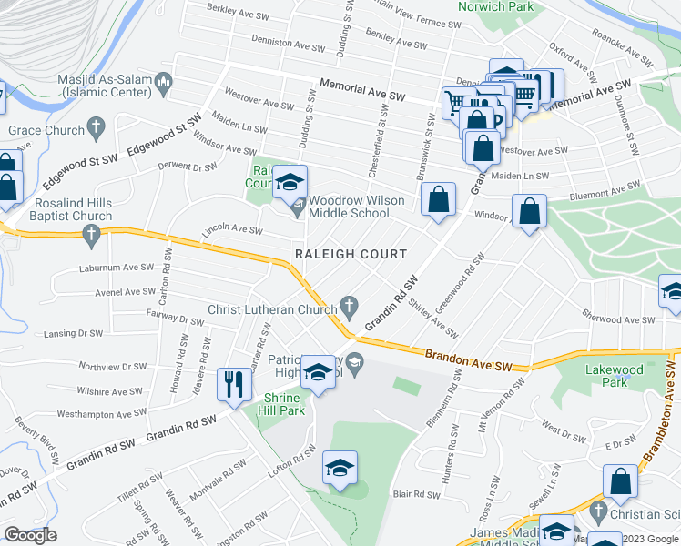 map of restaurants, bars, coffee shops, grocery stores, and more near 1920 Avon Road Southwest in Roanoke